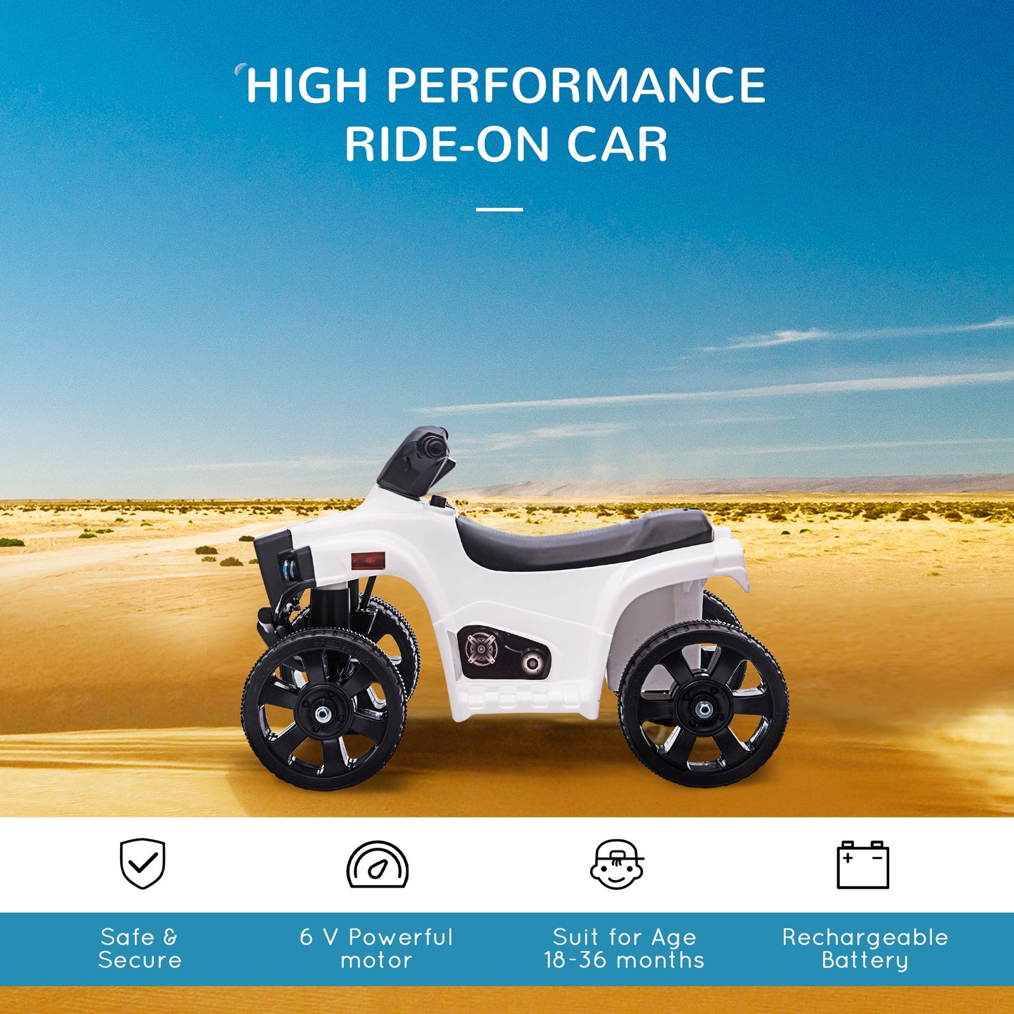 PlayPatch™ 6 V Kids Ride on Cars Quad Bike Electric ATV Toy Quad Bike for Toddlers w/ Headlights Battery Powered for 18-36 months White+Black