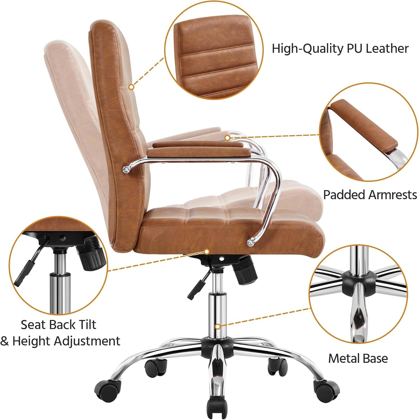 Mid-Back Office Chair with Arms Swivel PU Leather Height Adjustable Office Executive Chair, Retro Brown