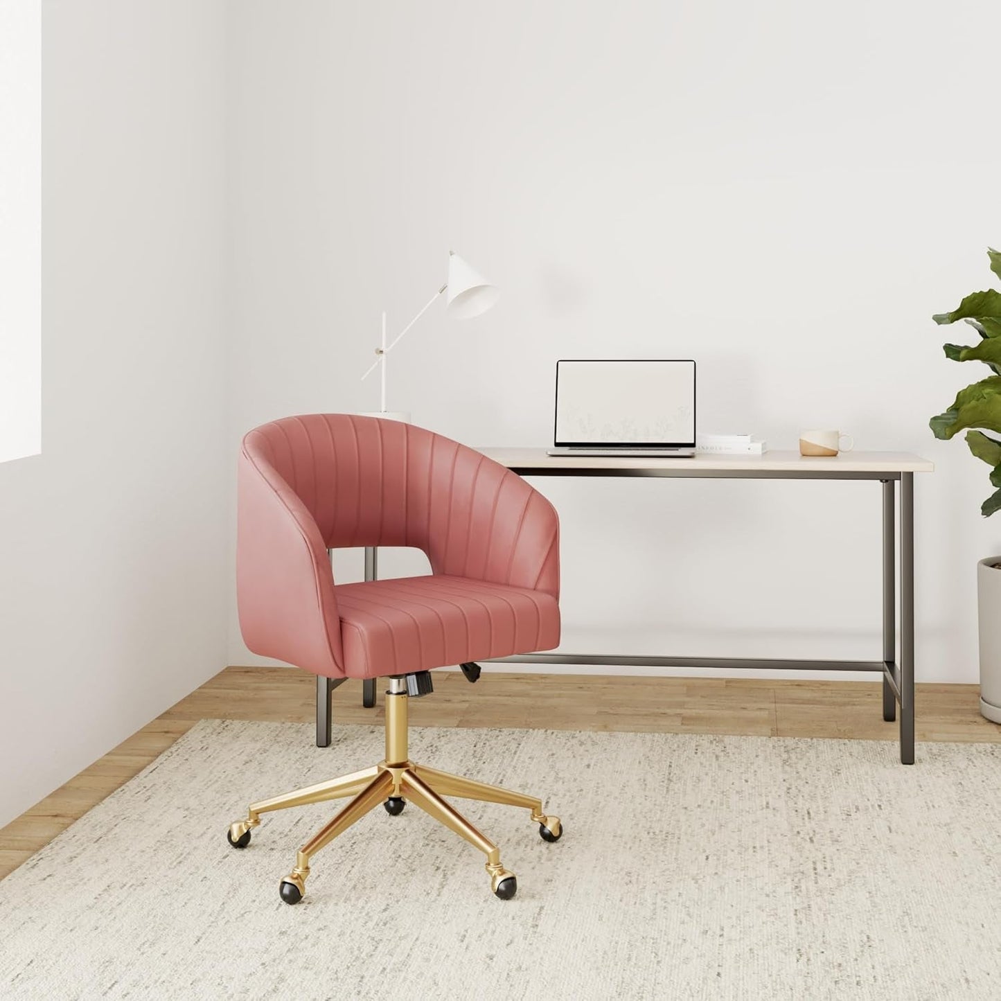 Velvet Office Desk Chair, Upholstered Home Office Desk Chairs with Adjustable Swivel Wheels, Ergonomic Office Chair for Living Room, Bedroom, Office, Vanity Study (Rose)