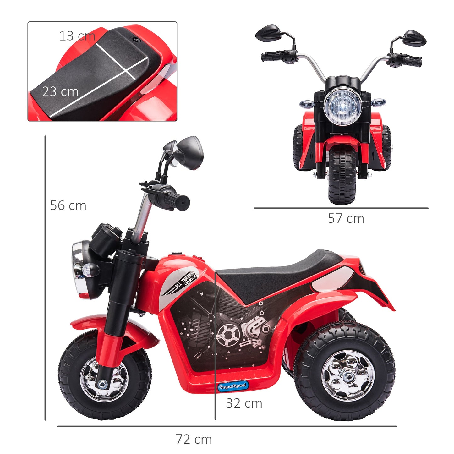 PlayPatch™ Kids Electric Motorcycle Ride-On Toy 3-Wheels Battery Powered Motorbike Rechargeable 6V with Horn Headlights Motorbike for 18 - 36 Months Red
