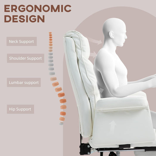 Executive Office Chair, PU Leather Ergonomic Office Desk Chair with Footrest, Reclining and Swivel Chair, White