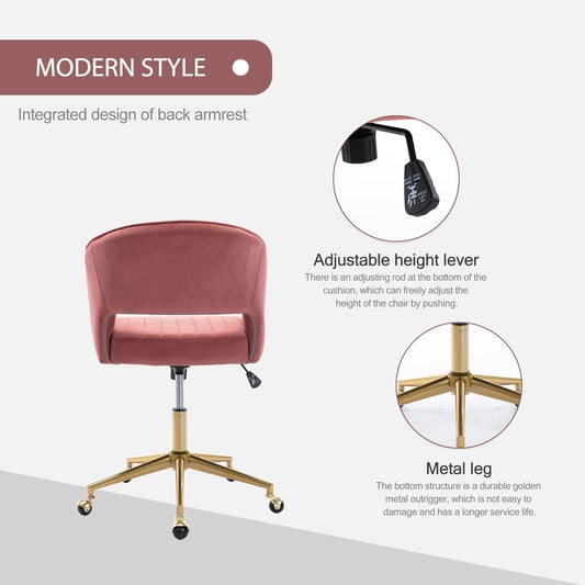 Velvet Office Desk Chair, Upholstered Home Office Desk Chairs with Adjustable Swivel Wheels, Ergonomic Office Chair for Living Room, Bedroom, Office, Vanity Study (Rose)