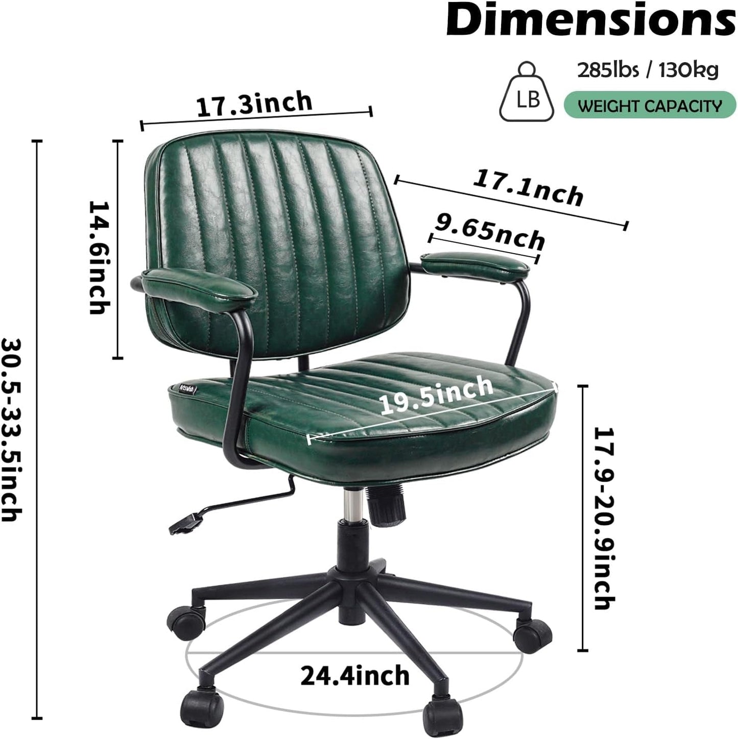 Mid Century Office Chair Leather Desk Chair Green Office Desk Chair Home Office Chair with Wheels and Arms