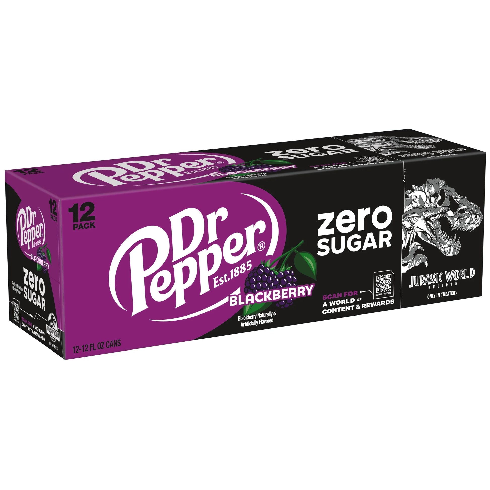 Dr Pepper Blackberry Zero Sugar Soda Pop, 12 Fl Oz, 12 Pack Cans, Jurassic World Rebirth Limited Edition