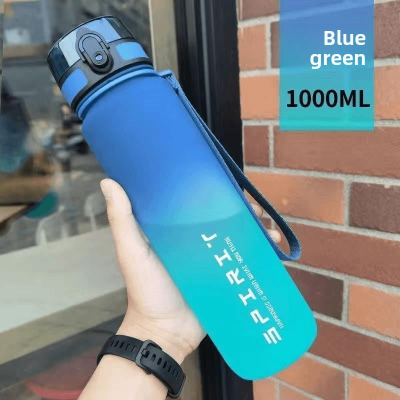 The sports water cup is made of plastic with a large capacity