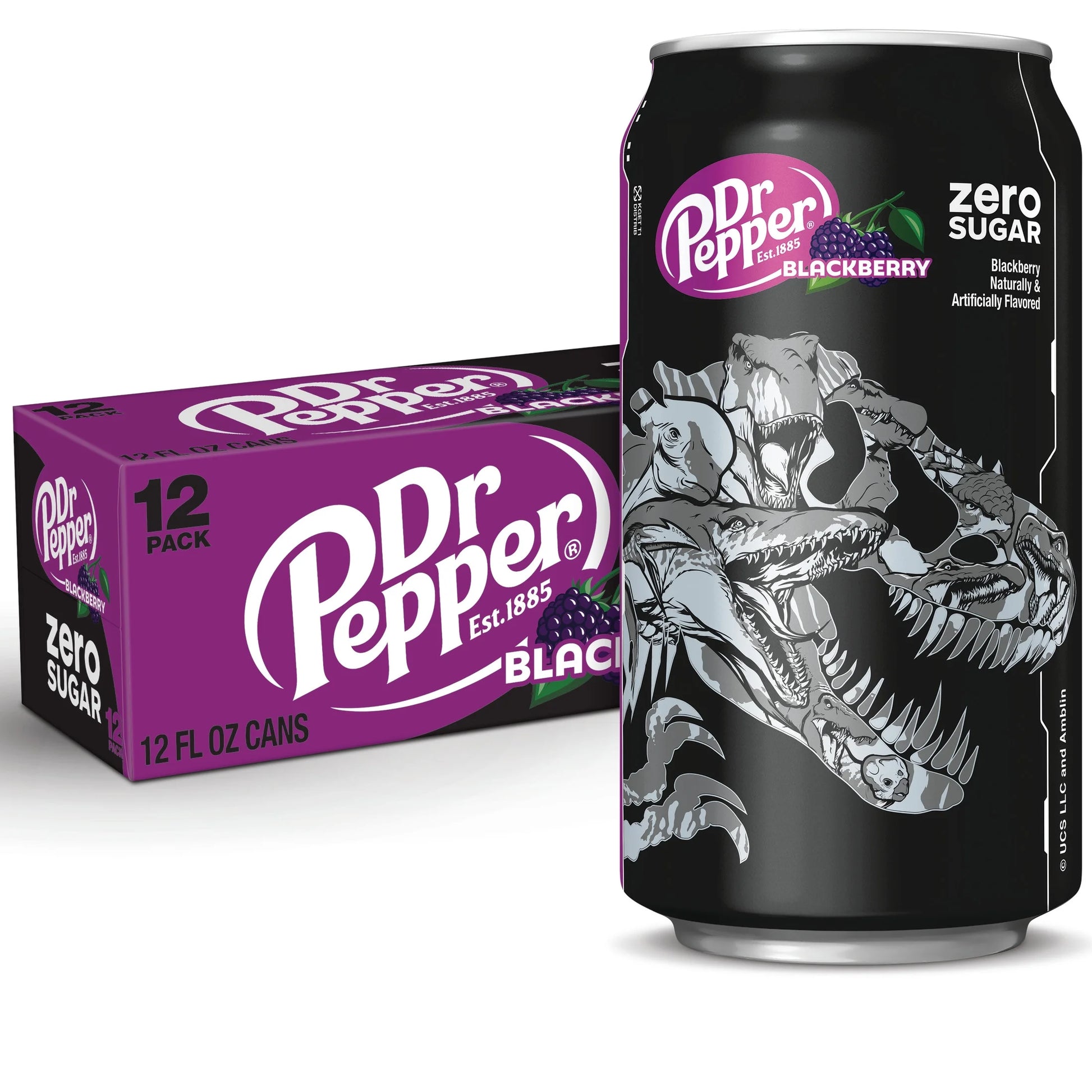 Dr Pepper Blackberry Zero Sugar Soda Pop, 12 Fl Oz, 12 Pack Cans, Jurassic World Rebirth Limited Edition