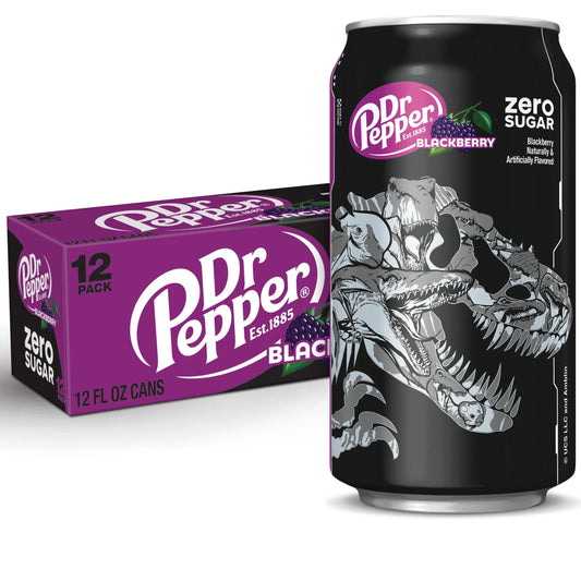 Dr Pepper Blackberry Zero Sugar Soda Pop, 12 Fl Oz, 12 Pack Cans, Jurassic World Rebirth Limited Edition