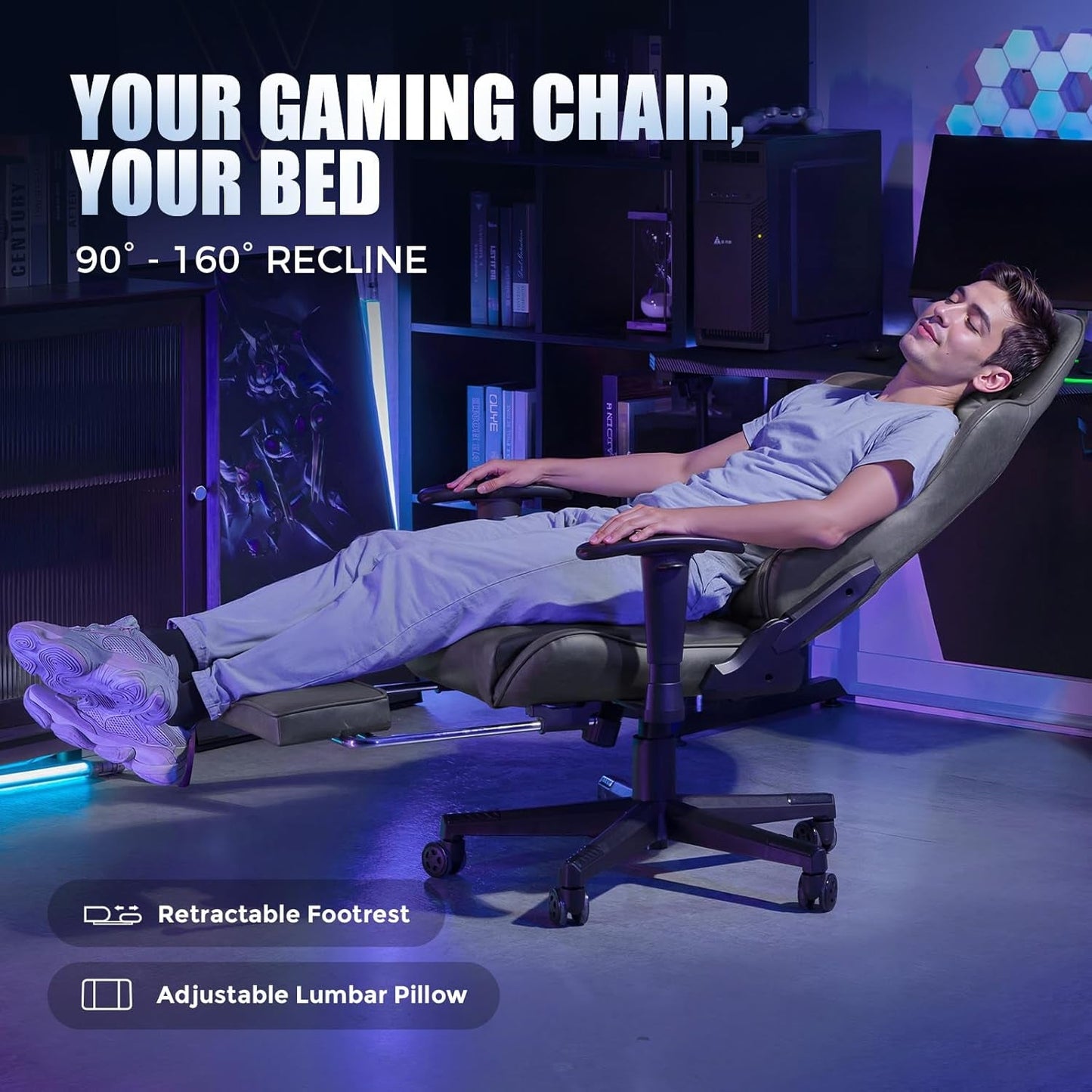 Gaming Chair with Footrest, Racing Style Computer Chair for Adult, Adjustable Reclining Backrest and Lumbar Support, Stylish High Back Chair for Gaming and Office (Dark Grey)