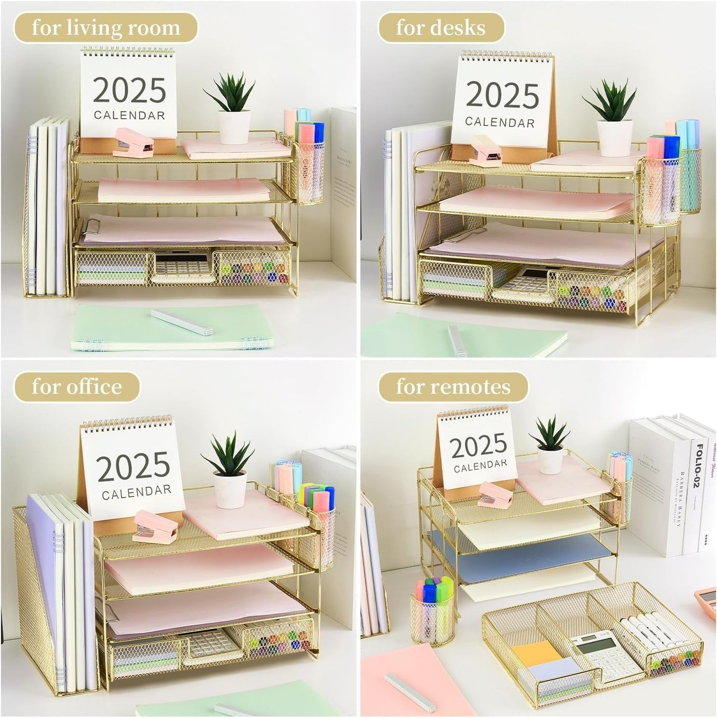Paper Letter Tray Organizer with File Holder, 4-Tier Desk Accessories & Workspace Organizers with Drawer and 2 Pen Holder, Desk Organizers and Accessories for Office Supplies