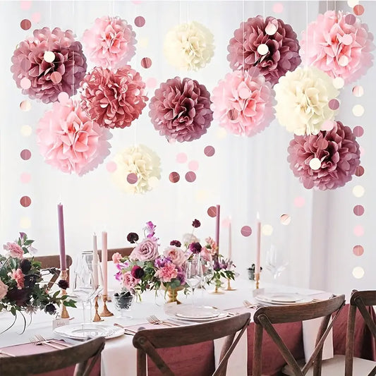 Dusty Rose Blush Pink Tissue Pom Poms Flowers Set - 15pcs Lotus Root Paper Flowers-0