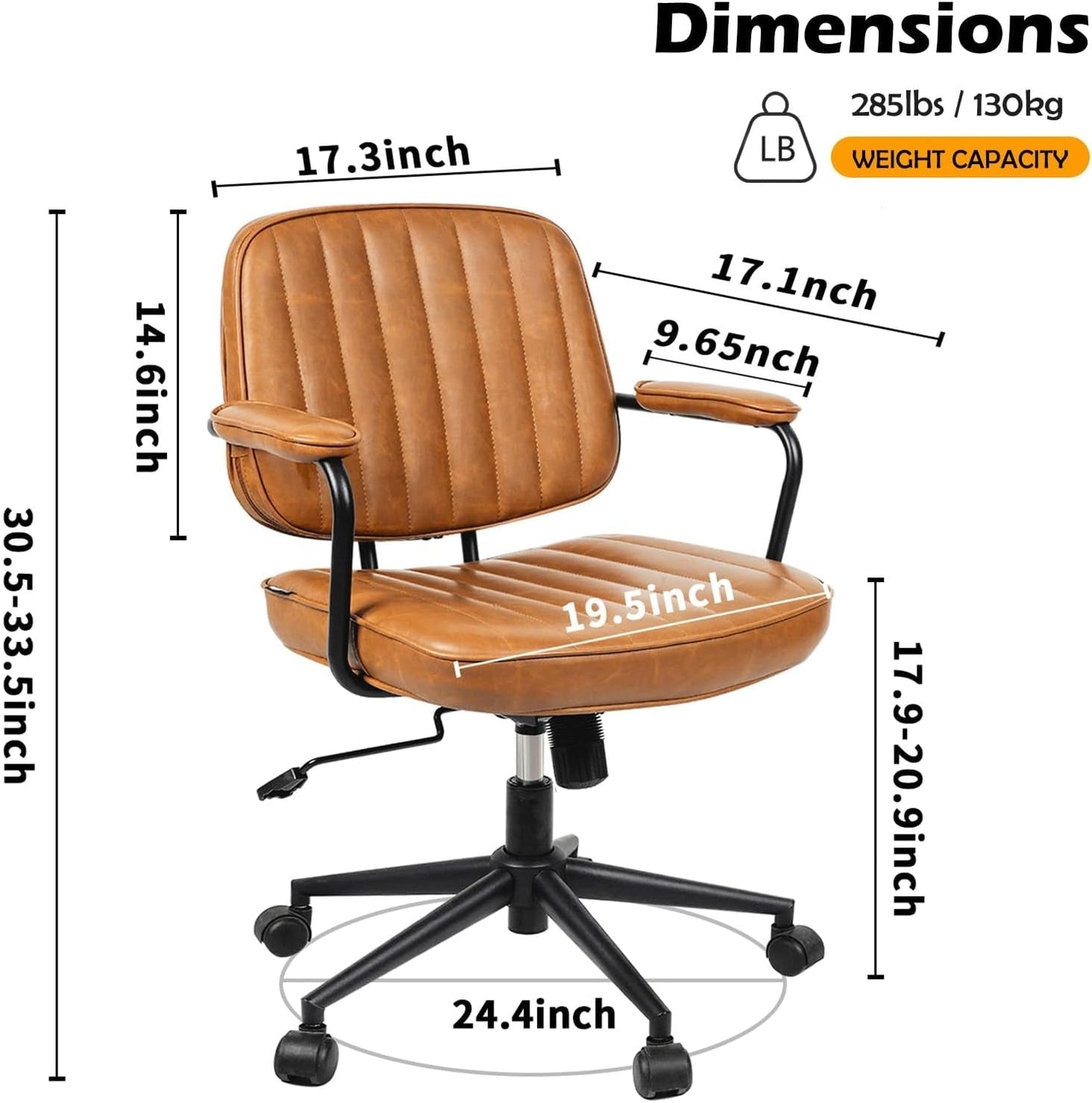 Mid Century Desk Chair Leather Office Chair Brown Office Desk Chair Home Office Chair with Wheels and Arms