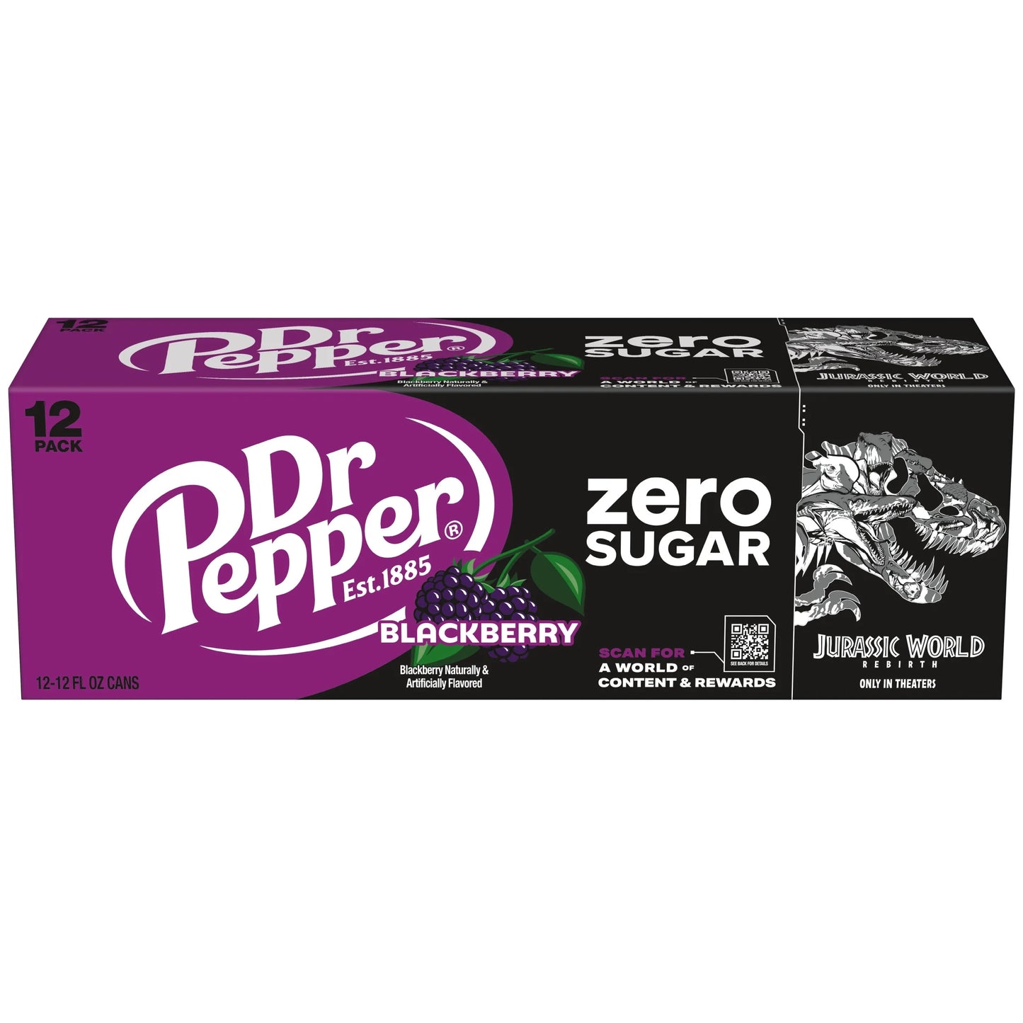 Dr Pepper Blackberry Zero Sugar Soda Pop, 12 Fl Oz, 12 Pack Cans, Jurassic World Rebirth Limited Edition