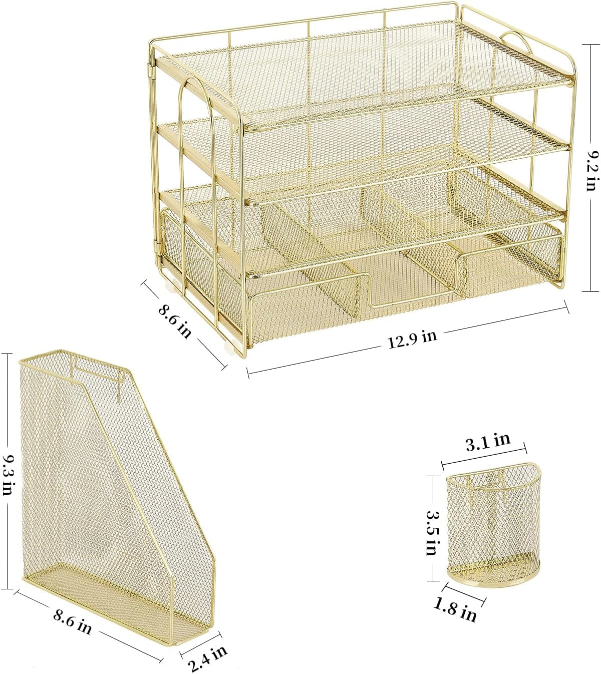Paper Letter Tray Organizer with File Holder, 4-Tier Desk Accessories & Workspace Organizers with Drawer and 2 Pen Holder, Desk Organizers and Accessories for Office Supplies