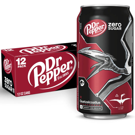 Dr Pepper Zero Sugar Soda Pop, 12 Fl Oz, 12 Pack Cans, Jurassic World Rebirth Limited Edition