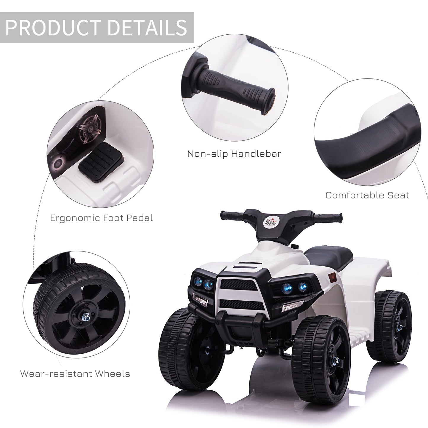 PlayPatch™ 6 V Kids Ride on Cars Quad Bike Electric ATV Toy Quad Bike for Toddlers w/ Headlights Battery Powered for 18-36 months White+Black