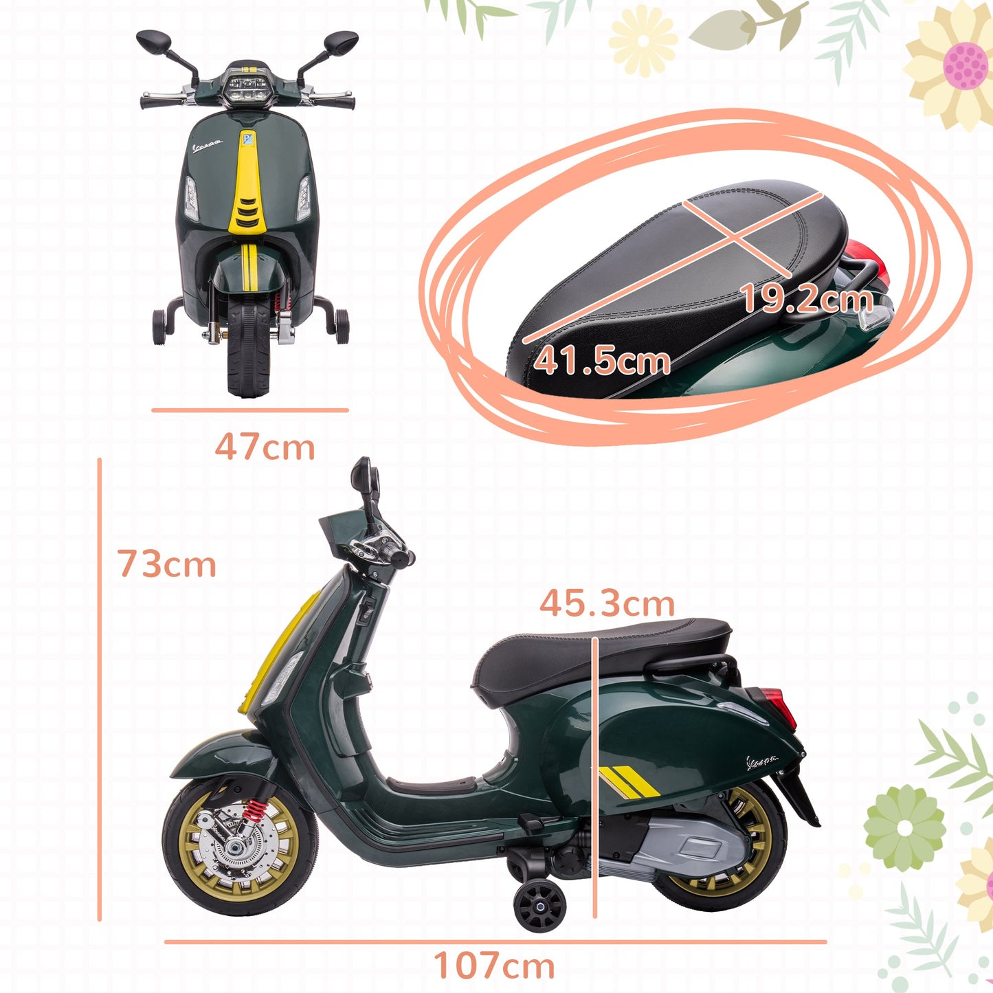12V Vespa Licensed Kids Electric Motorbike w/ Music, Headlights, FM Radio, for 3-6 Years - Green