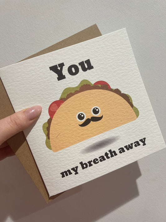 Everyday Festive™ You Taco My Breath Away Valentines Day Funny Humorous Hammered Card & Envelope