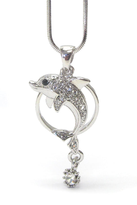 MADE IN KOREA WHITEGOLD PLATING CRYSTAL DOLPHIN PENDANT NECKLACE-0