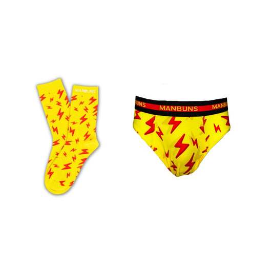 Men's Yellow and Red Lightning Bolt Briefs Underwear and Sock Set-0