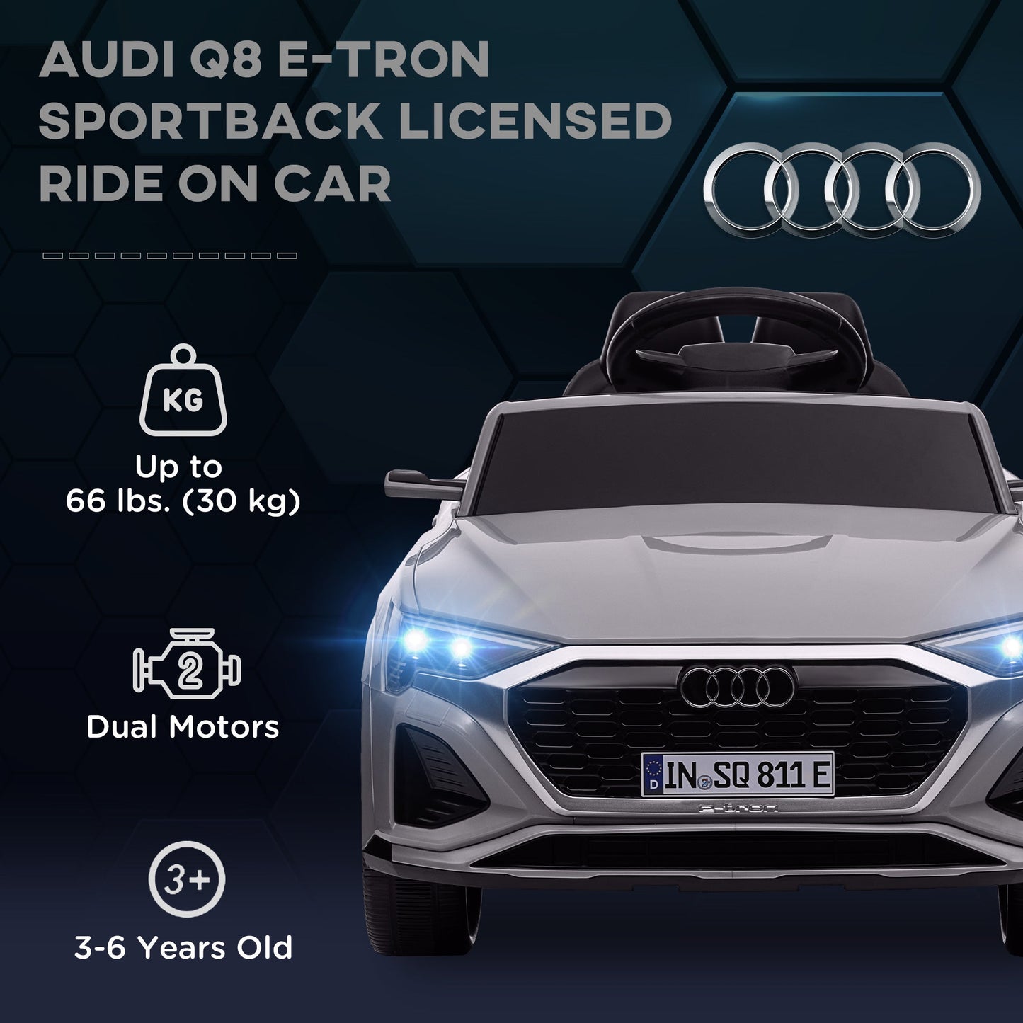 PlayPatch™ Audi Q8 e-tron Sportback Licensed 12V Ride on Car w/ Remote, 4 Spring Suspension Wheels, Headlights, Music, Horn - Grey