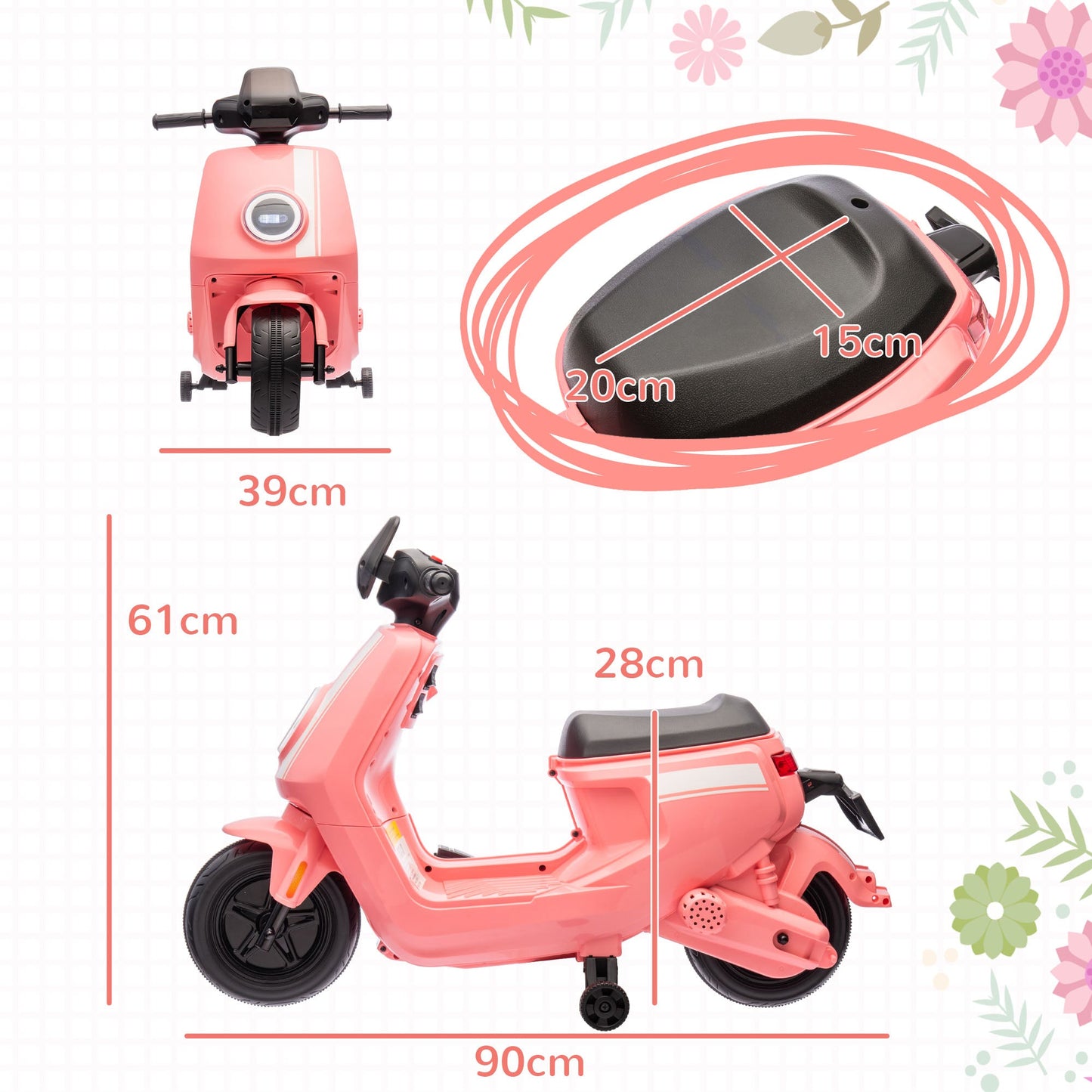 PlayPatch™ 6V Ride on Motorbike, Kids Electric Motorbike w/ Headlights, Music, Training Wheels, for Ages 18-36 Months, Pink
