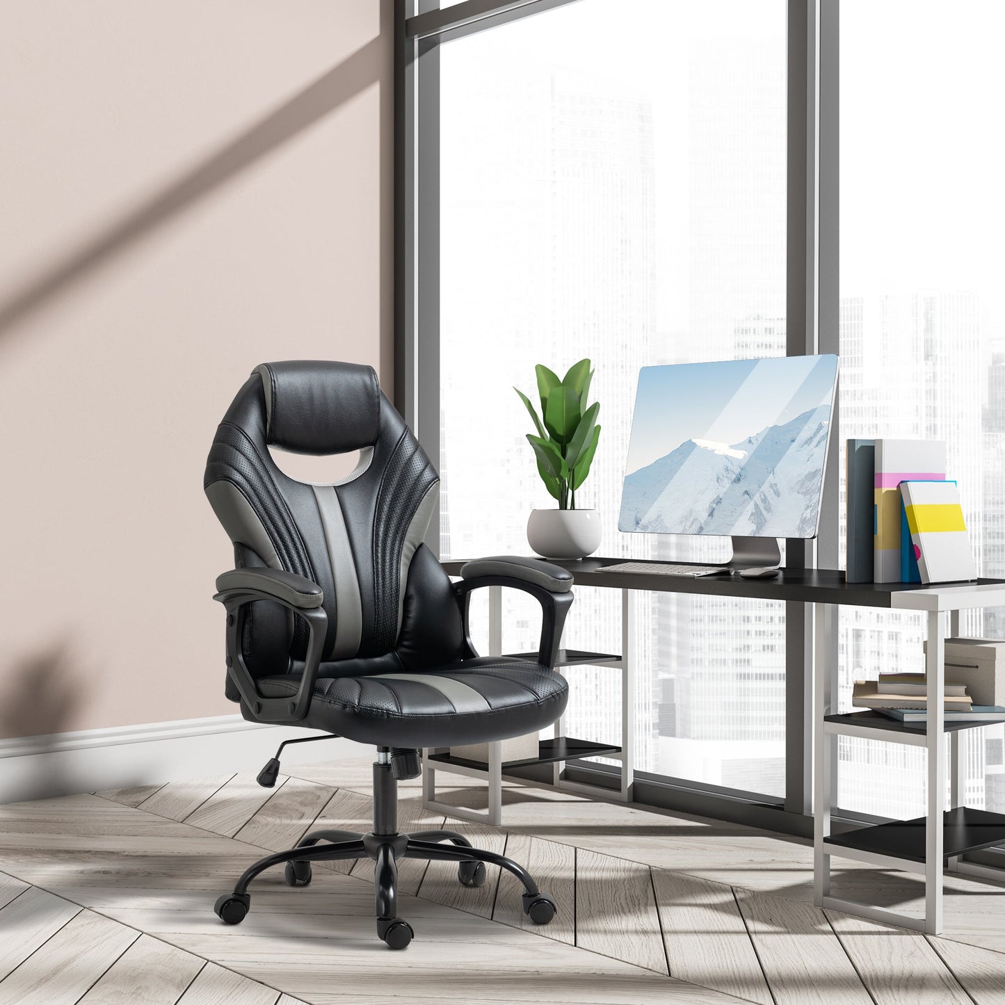 HomeProvisions™ Racing Gaming Chair, Home Office Computer Desk Chair, Faux Leather Gamer Chair with Swivel Wheels, Black Grey