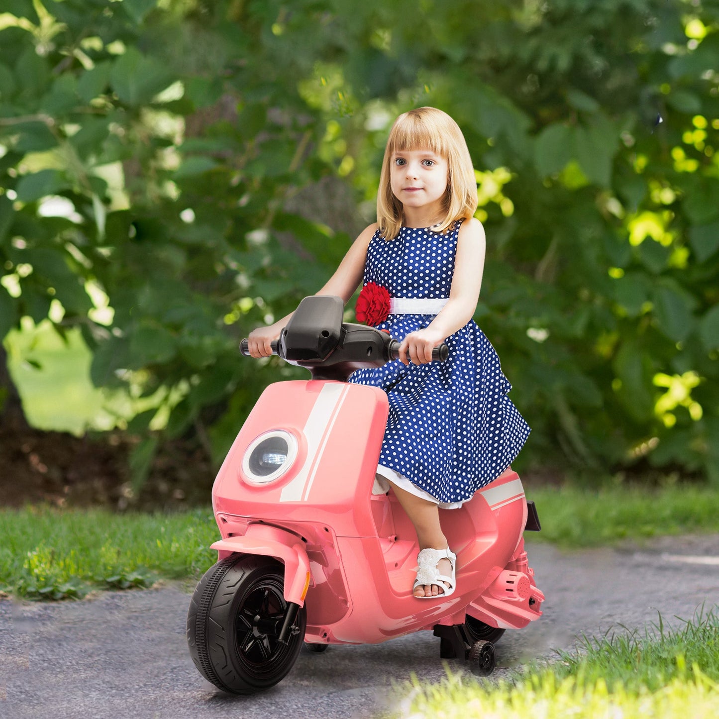 PlayPatch™ 6V Ride on Motorbike, Kids Electric Motorbike w/ Headlights, Music, Training Wheels, for Ages 18-36 Months, Pink