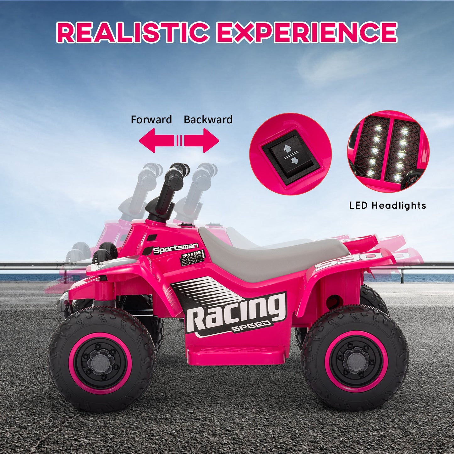 PlayPatch™ 6V Electric Quad Bike for Kids, Ride On ATV w/ Forward Backward, Headlights, for 18-36 Months - Pink