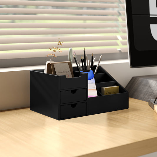 CoreOffice™ Desk Organiser Holder, Bamboo Multi-Function Storage Caddy with 7 Storage Compartments and 2 Drawers for Home Office Stationary Supplies, Black
