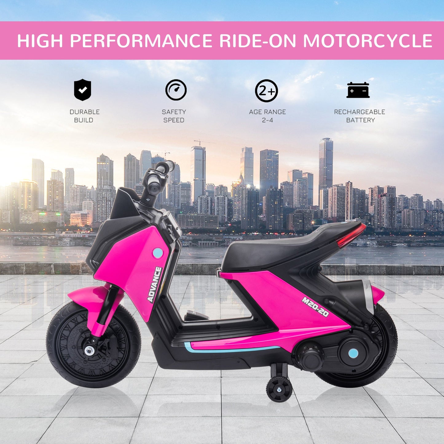 PlayPatch™ 6V Kids Electric Motorbike Ride On Toy w/ Music Headlights Safety Training Wheels for Girls Boy 2-4 Years Pink
