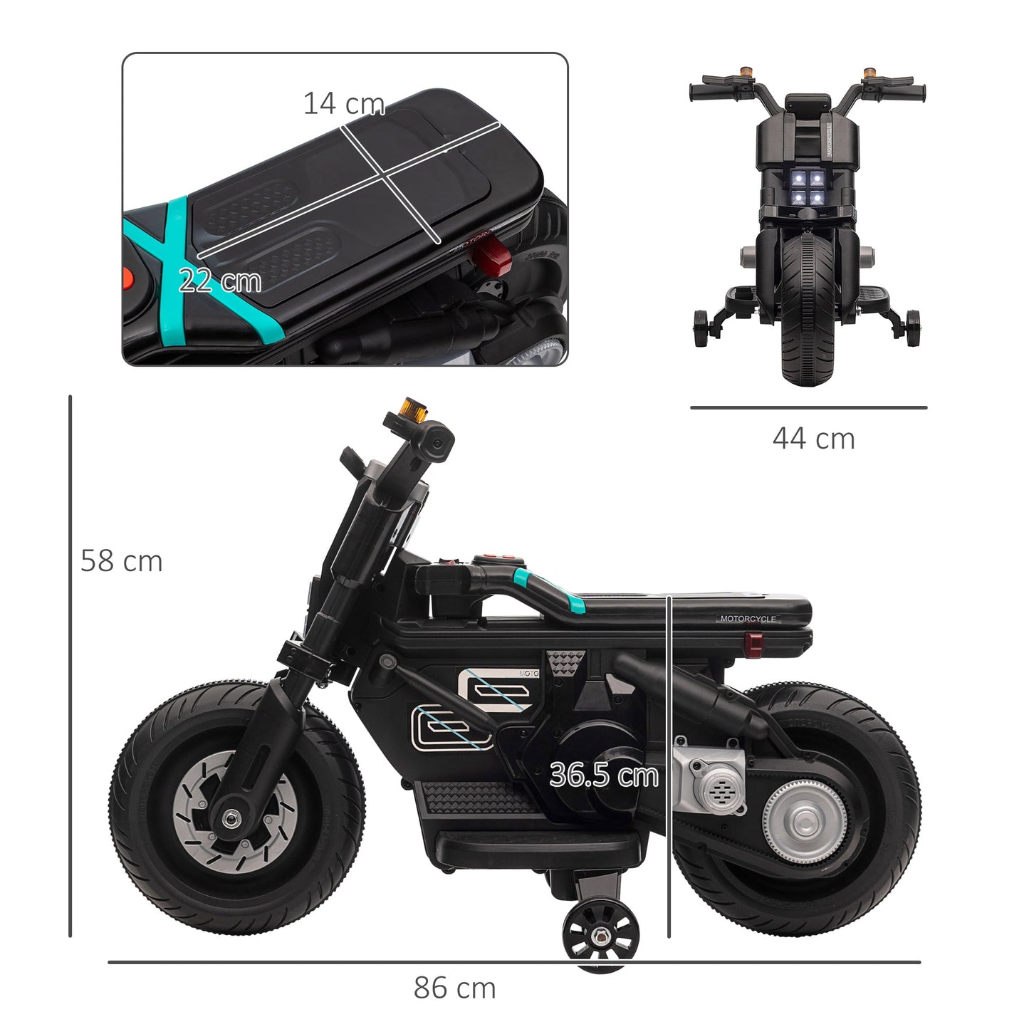 PlayPatch™ Kids Electric Motorbike with Siren, Horn, Headlights, Music, Training Wheels, for Ages 3-5 Years - Black