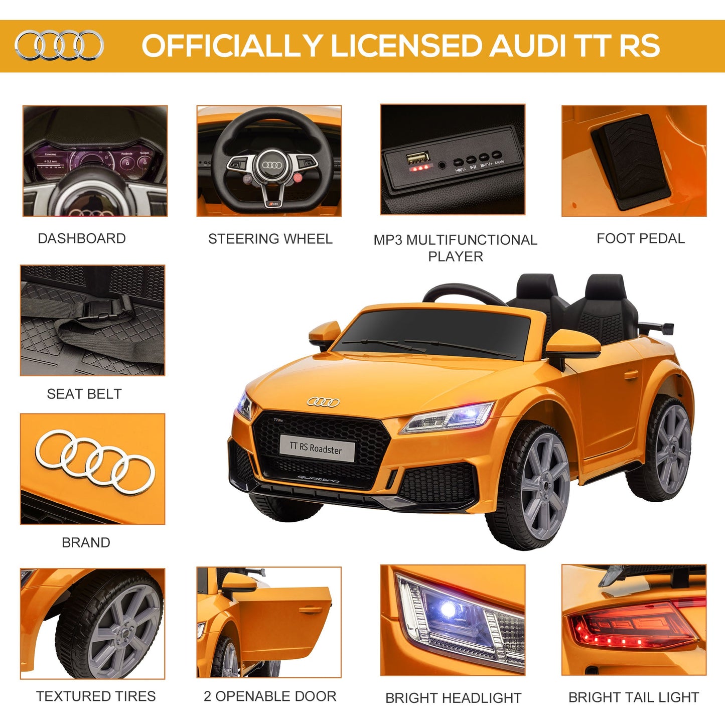 PlayPatch™ Kids Licensed Audi TT RS Ride-On Car 12V Battery w/ Remote Suspension Headlights and MP3 Player 3km/h Yellow