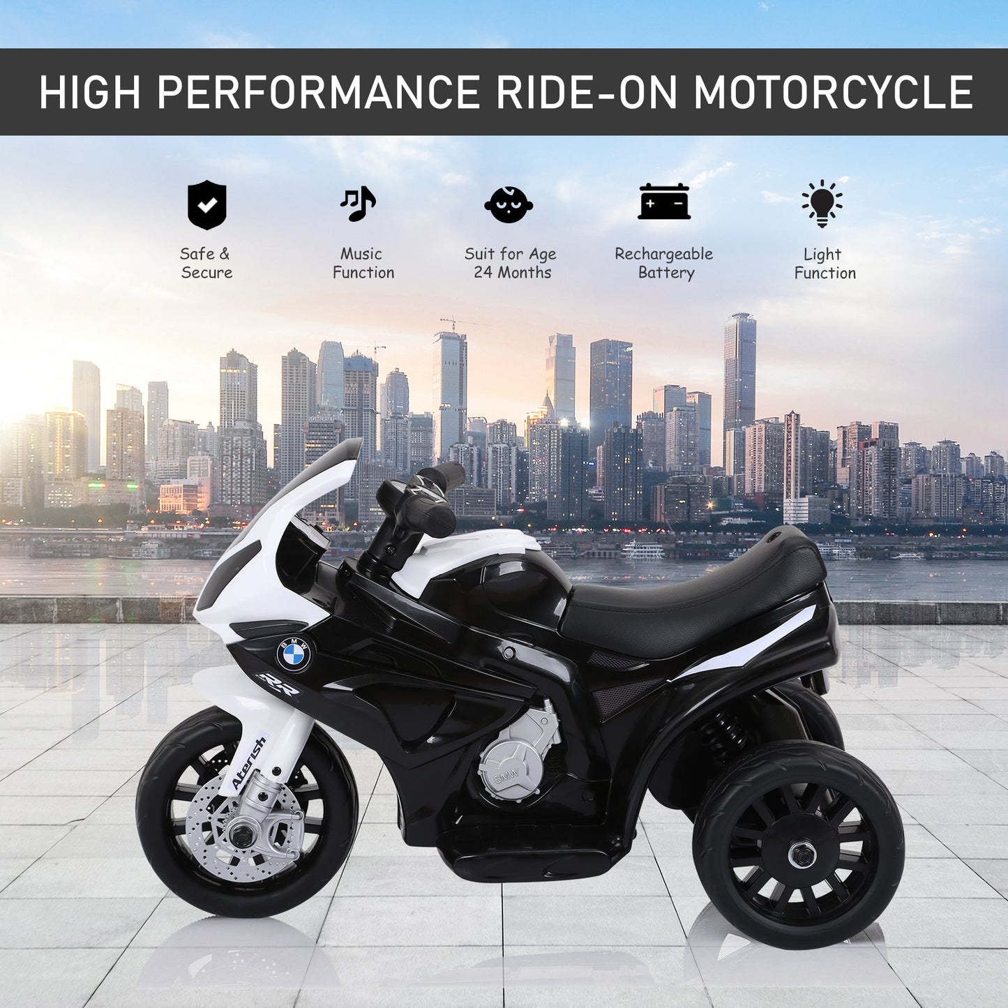 PlayPatch™ Compatible for Electric Kids Ride on Motorcycle BMW S1000RR w/ Headlights Music Battery Powered Play Bike 6V Black