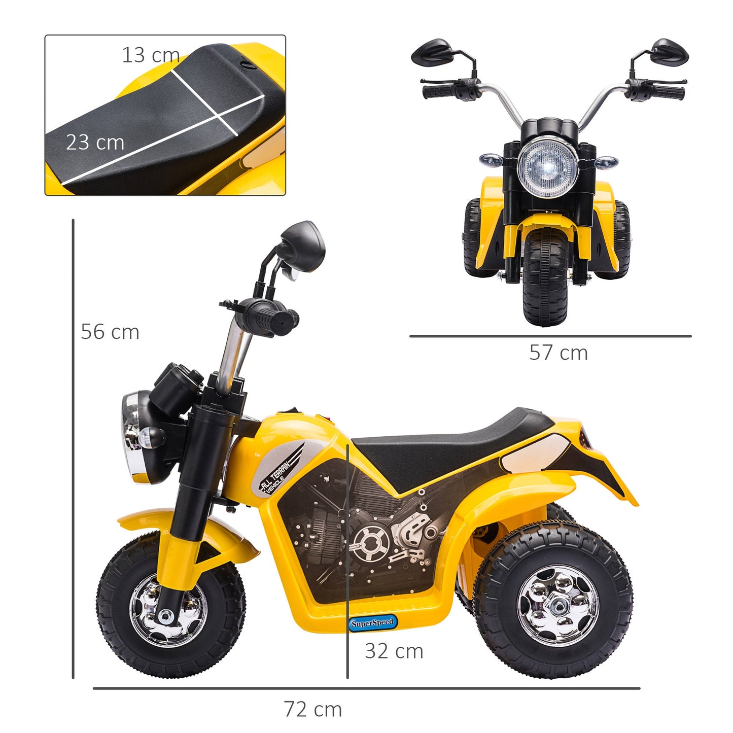 PlayPatch™ Kids Electric Motorcycle Ride-On Toy 3-Wheels Battery Powered Motorbike Rechargeable 6V with Horn Headlights for 18 - 36 Months Yellow